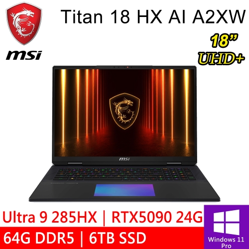 微星 Titan 18 HX AI A2XWJG-610TW 18吋 黑(Intel Ultra 9 285HX/64GB DDR5/6TB PCIE/RTX5090 24G/W11P)